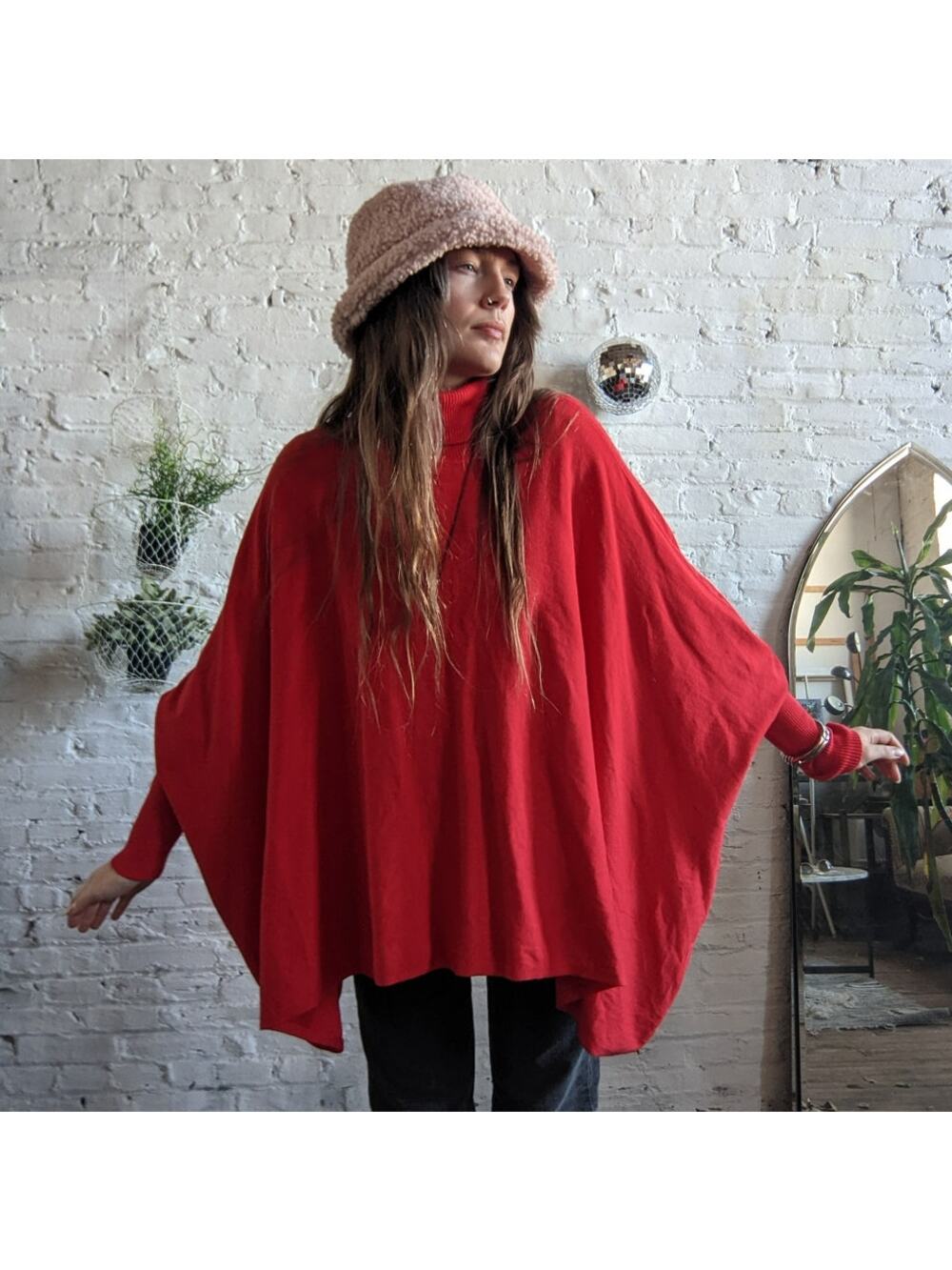 Retro Red Turtleneck Poncho Sweater Oversized Dolman Boho Grunge Cherry Large
